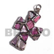 Cross glistening pink abalone molten silver metal pendant