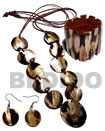 Natural Natural 10 PCS. 35MM ROUND BROWNLIP TIGER SHELLS & 1PC. 50MM ROUND BROWNLIP TIGER SHELL CENTER ACCENT IN SATIN DOUBLE CORD / 40 IN. W/ SET EARRINGS AND ELASTIC BANGLE Wooden Accessory Shell Products Shell Beads Shell Jewelry